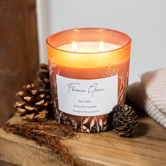 Hand-painted autumn candle with wild grasses design | Florence Green x Huxley & Mabel
Limited edition hand-painted pear and quince soy candle | Florence Green