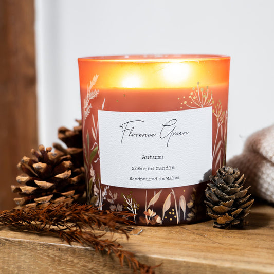 Hand-painted autumn candle with wild grasses design | Florence Green x Huxley & Mabel

Limited edition hand-painted pear and quince soy candle | Florence Green