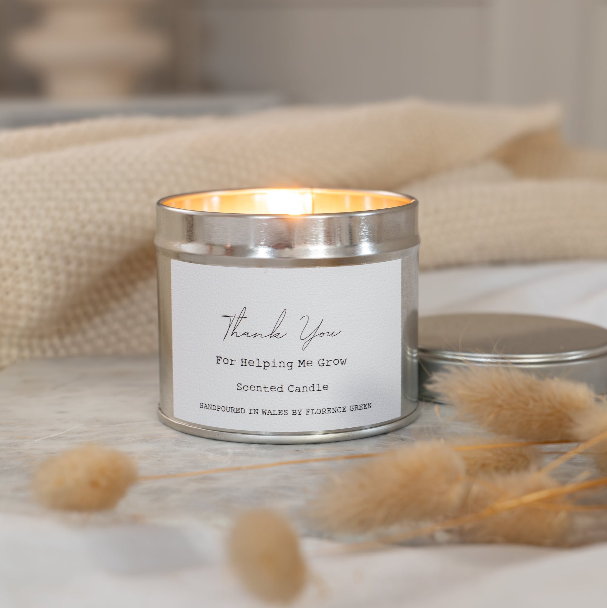 Thank You for helping me grow soy wax candle gift in reusable tin - luxury end of term teacher appreciation gift